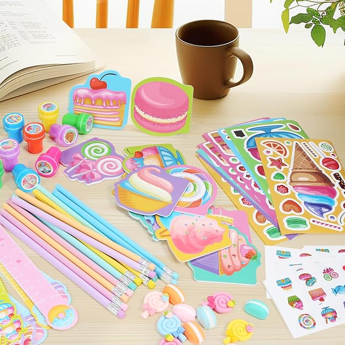 BenLouis 96Pcs Candyland Party Favors Ice Cream Donut Mini Notebook Stampers School Stationery Bulk for Kids Lollipop Sweet Treats Birthday Goodie Bags Pinata Filler Classroom Prizes Supplies