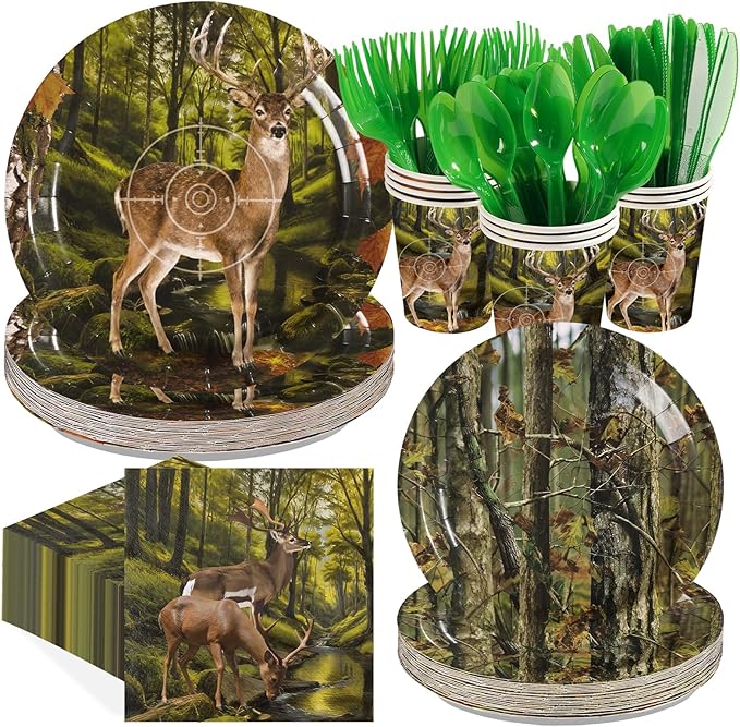 168Pcs Hunting Deer Camo Party Decorations Woodland Deer Plates Napkins Cups Forks Knives Spoons Hunting Themed Tableware Set for Hunter Outdoor Camping Picnic Camouflage Party Supplies Serves 24