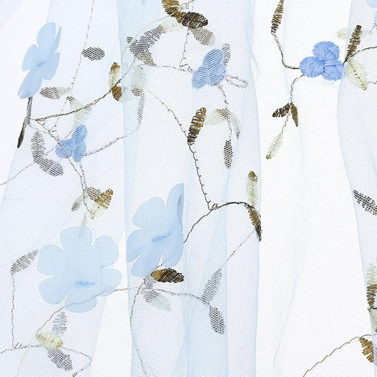 MECCANIXITY 5 Yard Tulle Fabric 175"x51"3D Flower Embroidery Mesh Lace Fabric for DIY Handmade Clothing Wedding Dress Skirt Home Curtain Decoration, Blue
