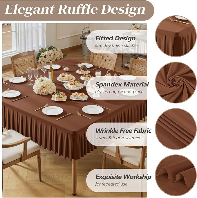 Wish Care Brown Spandex Tablecloths for 48x48 Inch Square Tables, Stretch Fitted Table Clothes with Pleated Ruffle Skirt for 48” Table, Wrinkle Free and Elastic, for Party Kitchen Home Dining