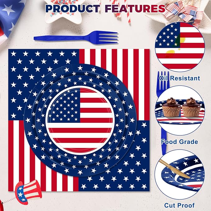 QZYL 122 PCS 4th of July Decorations, 30 Sets 250th Anniversary Patriotic Plates and Napkins, Disposable Fourth of July Paper Plate and Napkin Tablecloth Forks, USA Flags Memorial Day Party Supplies
