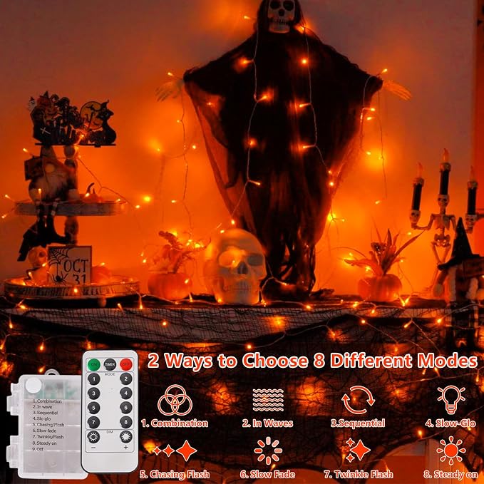 YEGUO Thanksgiving Lights Battery Operated, 2 Pack Each 33ft 100 LED Orange String Lights Outdoor Waterproof, Clear Wire Fairy Christmas Light Indoor with Remote