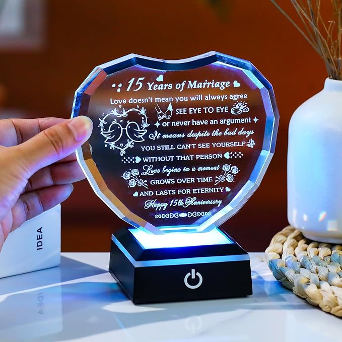 Arikyrist 15th Wedding Anniversary Crystal Heart Gifts for Couple, Laser Engraved Happy 15th Anniversary Crystal Gifts for Wife Husband, Romantic 15 Years of Marriage Gift for Him Her Friends