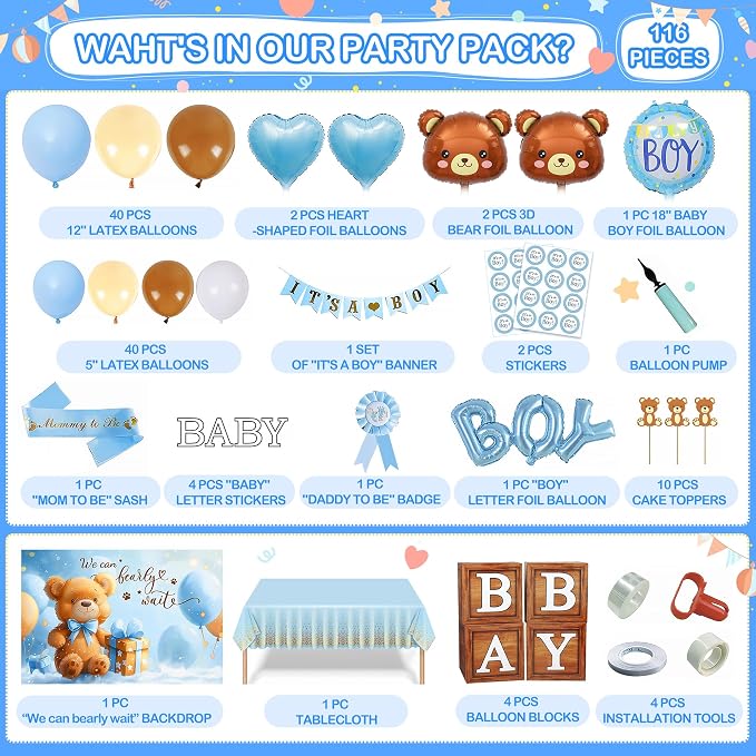 Party Spot！Bear Baby Shower Decorations Boy,80 pcs Balloons,4 Wood Grain Blocks with Letter,"We can bearly wait" Backdrop,Banner,Tablecloth,Balloon Pump, Blue Brown Bear Theme
