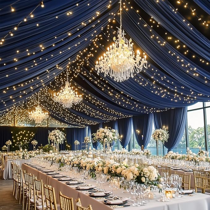 10ft x 20ft Navy Blue Ceiling Drapes for Wedding Parties, Wrinkle Free Thick Polyester 20ft Extra Long Wedding Draping Blue Ceiling Curtains Arch Drapery for Birthday Party Canopy Tent Decor
