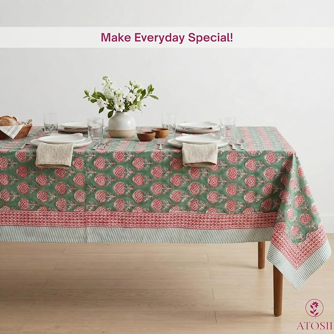 ATOSII Roma Green 100% Cotton Fall Autumn Rectangle Tablecloth, Hand Block Print Washable Table Cover, Christmas Parties Buffet Dining, Weddings, Thanksgiving, Preppy Decor 60 X 108 Inches 8 Seater