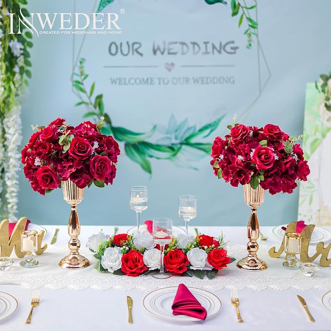 Red Roses Flowers Balls for Centerpieces: 2 PCS 14.2" Diam Flower Centerpieces for Tables in Wedding Reception Decorations Arrangement for Party Celebration Planners