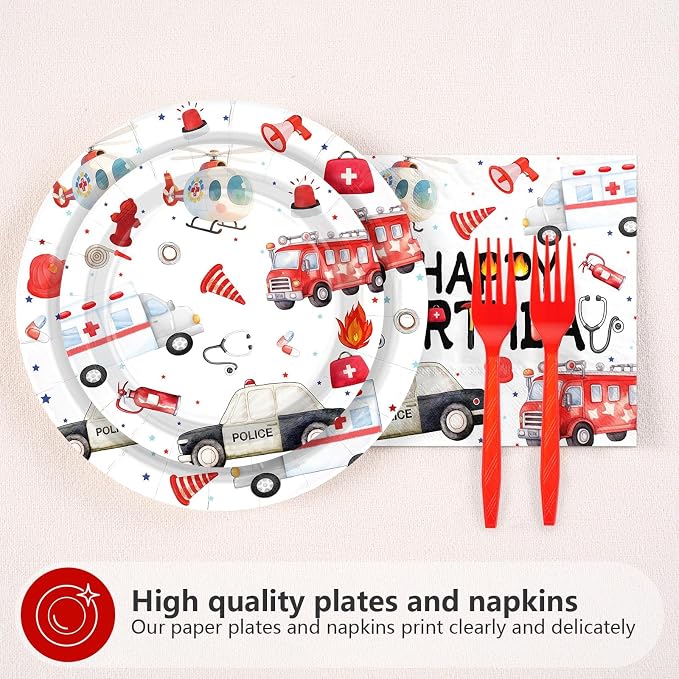 Grencian 96pcs Emergency Vehicle Birthday Party Decorations First Responder Fire Truck Plates and Napkins Ambulance Police Car Tableware for Boys Girls Emergency Vehicle Birthday Party Decorations