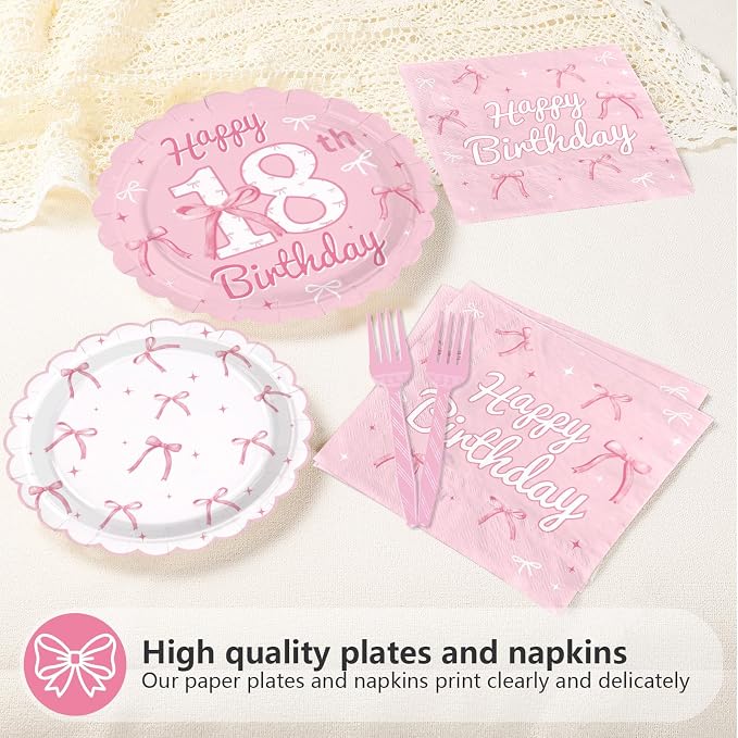 96Pcs Pink Bow Party Supplies Coquette 18th Birthday Party Plates and Napkins Disposable Bow Themed Tableware Set for Girl Happy 18th Birthday Graduation 2026 Decorations, Serves 24