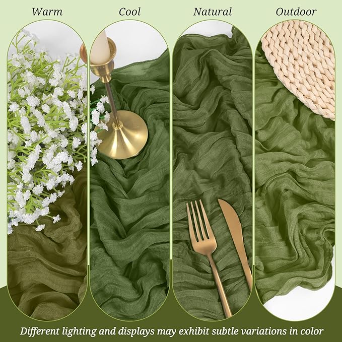 10 Pack Cheesecloth Table Runner Olive Green, Rustic Boho Gauze Fabric Table Runner Romantic Table Runner for Wedding, Festival, Birthday, Anniversary, Dinner and Outdoor Events (17.7 x 108 inch)