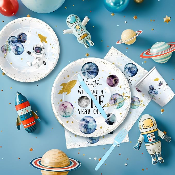 Outer Space First Birthday Party Supplies, Space 1st Birthday Decorations Tableware, Paper Plate, Cup, Napkin, Tablecloth, Cutlery, Houston We Have a One-Year-Old Party Supplies | Serve 24