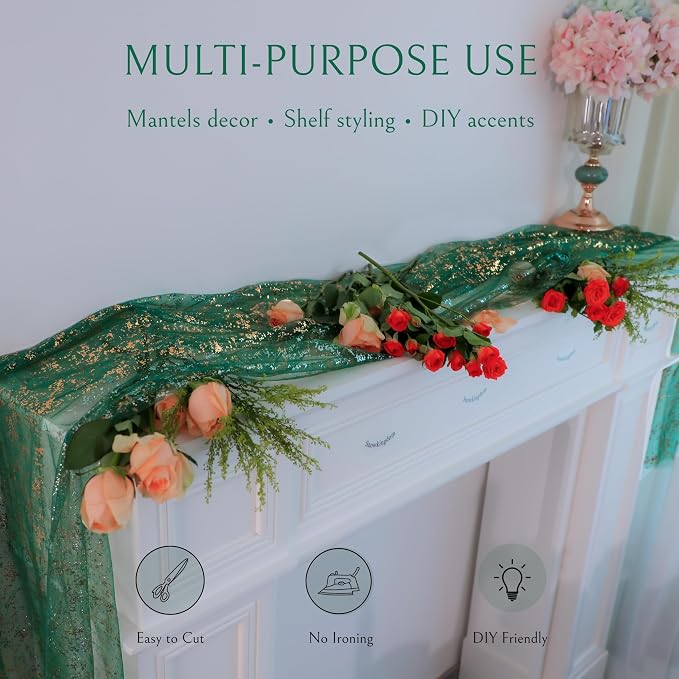 Snowkingdom Green Gold Gauze Table Runner 10FT 120 Inch Long, Glitter Sheer Sparkle Metallic Foil Dining Table Centerpieces Decoration for Birthday Party Wedding Shower Anniversary Graduation Holiday