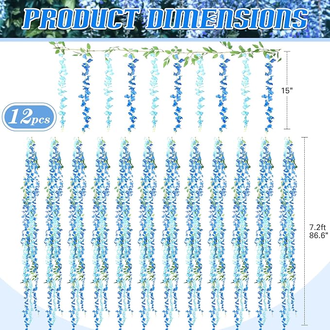Thiccywoov 12pcs Wisteria Artificial Flowers Garland, 7.2Ft/Piece Wisteria Hanging Flowers Garland for Wedding Arch Decoration Outdoor Ceremony Home Backdrop Garden (Light Blue,Dark Blue)
