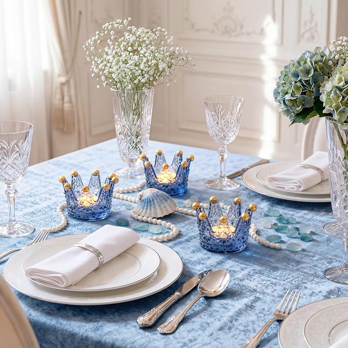 Rubtlamp 6 Pack Blue Votive Crown Candle Holders with Gold Tips, Glass Tealight Candle Holders Candlestick for Table Centerpieces Wedding Party Dinner Home Table Decor