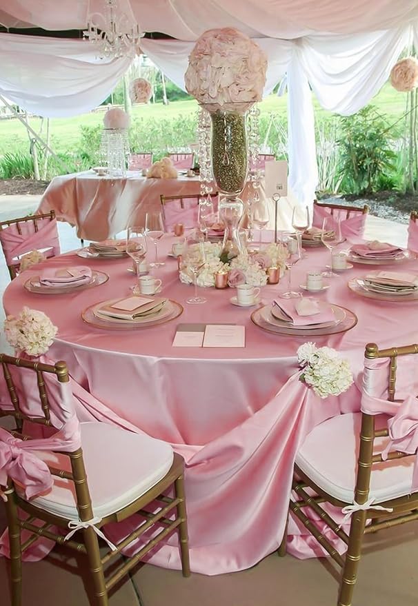12 Pack 108 Inch Round Tablecloth, Rose Gold Satin Fabric Table Cloth for Round Tables, Wrinkle Resistant Washable TableCover Bright Silk Table Clothes for Wedding Party Dining Tables Banquet