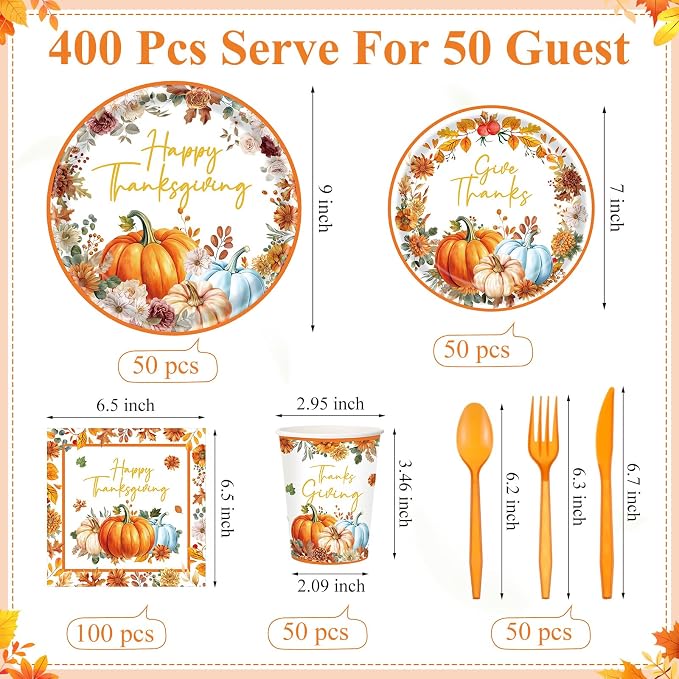 Funnymoom Thanksgiving Party Supplies for 50 Guests Pumpkin Autumn Disposable Plates Napkins Cups Spoons Forks Knives for Fall Harvest Give Thanks Party Decoration