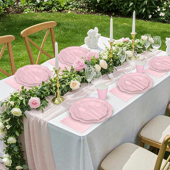 175 Pcs Pink Paper Plates and Napkins Set Include 9" Mothers Day Plates, 7" Dessert Plate Disposable Scalloped Tableware Serve 25 Guest for Wedding Baby Shower Bridal Shower Birthday Mother's Day