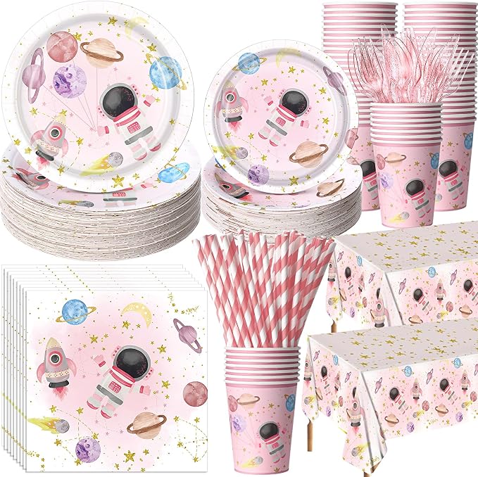 Potchen 452 Pcs Party Supplies Serve 50 Guests, Paper Plates Napkins Cups Cutlery Plastic Tablecloth Dinnerware for Birthday Wedding Party Decoration (Light Pink, Space)