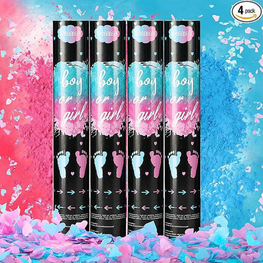 Gender Reveal Confetti Cannon, 2 Pack Pink and 2 Pack Blue, Biodegradable Confetti Paper with Cornstarch Powder, Confetti Blaster for Boy or Girl Gender Reveal, Party Poppers
