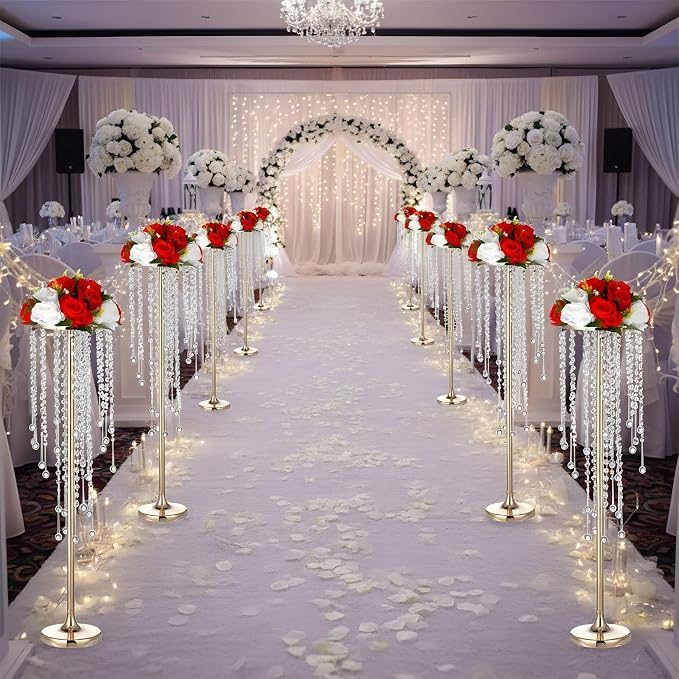 2Pcs 29.5 inches Gold Flower Vases with Chandelier Crystal Wedding Centerpieces for Tables, Gold Metal Flower Stand Arrangement, Bulk Metal Centerpieces Vases for Party Reception Ceremony Decoration