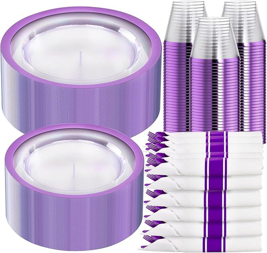 I00000 210 Pcs Clear Purple Plates for 30 Guests, Purple Dinnerware Include 60 Plates, 30 Cups, 30 Pre Rolled Napkins with Cutlery Set for Party and Wedding