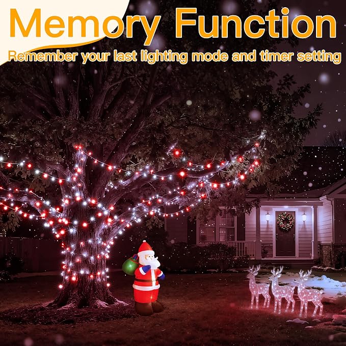 Ollny Red and White Christmas Lights Waterproof, 400LED 131FT String Lights with Remote 3 Timer, Plug in 8 Modes Fairy Light for Xmas Tree Indoor Bedroom House Party Wedding Decorations
