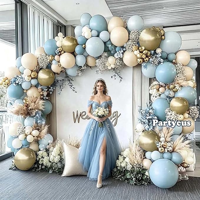 Dusty Blue White Sand Balloon Garland Double Stuffed Pastel Light Blue Cream Beige Matte Balloon Arch Kit with Gold Latex for Neutral Baby Shower Bridal Wedding Birthday Mothers Day Summer Party