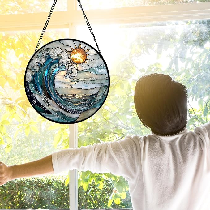 DASTOLL Stained Glass Window Hanging, Blue and White Waves Suncatcher Diamond Glass Panel Landscape Sun Catchers Decor for Birthday for Women, Men, Wife, Aunt, and Mom 11.8x11.8 in