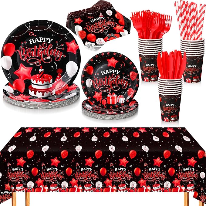 Norme 176 Pcs Black and Red Birthday Tableware Set Birthday Decoration Includes Tablecloth Paper Plates Napkins Paper Cups Forks Knifes and Straws for 25 Guests Party Supplies (Vibrant)