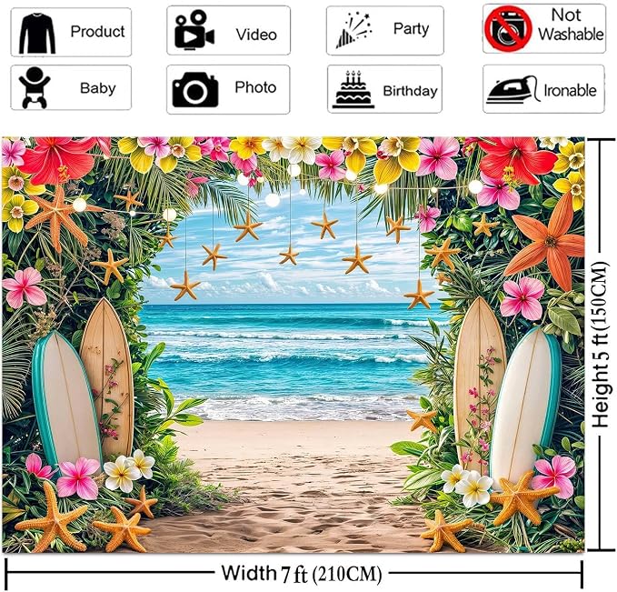 15x10ft Summer Hawaiian Beach Backdrop Tropical Flower Flamingo Palm Leaves Surfboard Backbrops Photography Background for Aloha Luau Theme Party Decorations Banner Photo Props