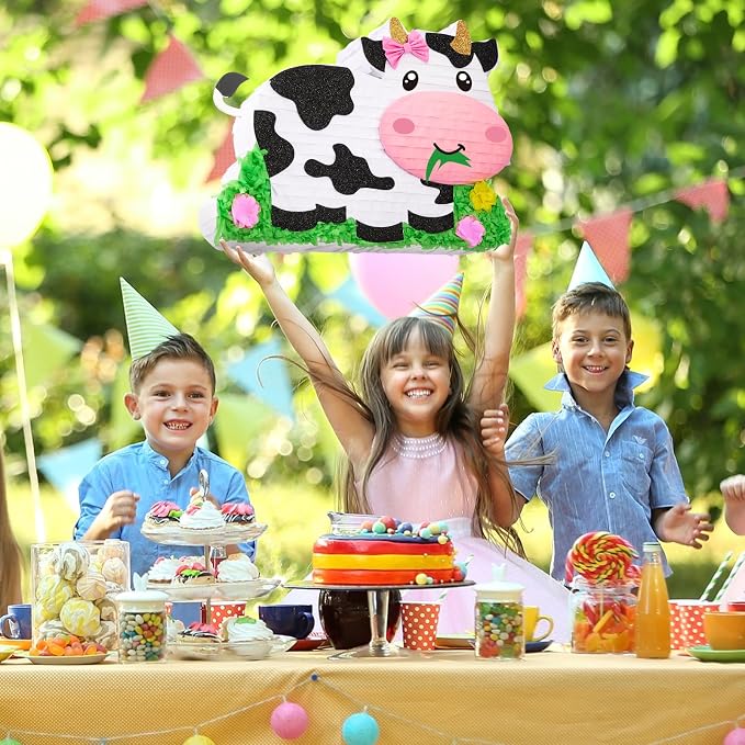 WERNNSAI Dairy Cow Piñata - Farm Animal Party Game Cow Piñata for Girls Birthday Party Decorations Kids Happy Party Favor Supplies with Bat Blindfold, Farm Theme Candy Toys Filler
