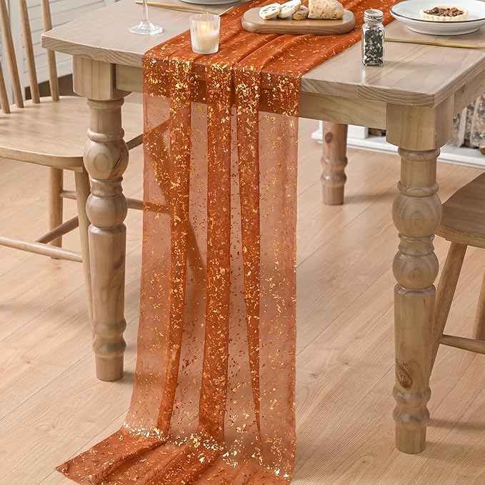 Artoid Mode 6PCS Caramel Gauze Gold Table Runner 120 Inch 10FT, Glitter Metallic Foil Sheer Dining Wedding Anniversary Holiday Table Decor for Home Party