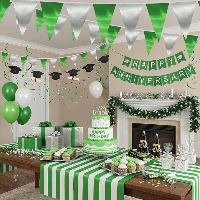 40M/130FT Green Silver Triangle Pennant Banner Flag Metallic Fabric Bunting Garland for Christmas Graduation Wedding Engagement Anniversary Bachelorette Birthday Bridal Shower Hen Party Supplies