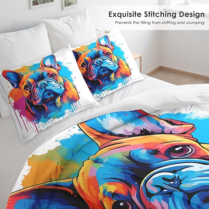 Pamnest Comforter Set Twin Size, Cute Dog Vintage Soft 2 Pcs Bedding for Kids and Adults, French Bulldog Colorful Comforter Set with Pillowcase, for Bedroom Bed Decor