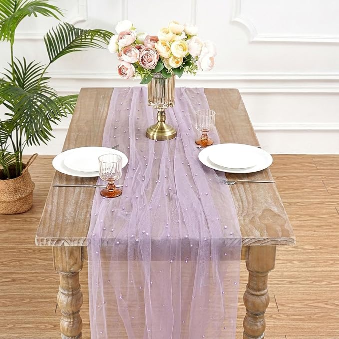 Sheer Gauze Pearl Table Runner Tulle Fabric: 10ft Seasonal Dessert Chiffon Pearl Lace Boho Overlay Wedding Veil Outdoor Wedding Aisle Runner Party Decorations Doilies Grayish Purple