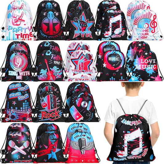 Funtery 32 Pcs Music Party Drawstring Bags Music Party Favors Birthday Treat Bags for Teens Social Media Theme Gifts School Travel Supplies, 11.81 x 9.84 Inch