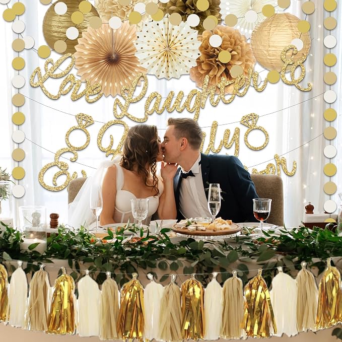 Bridal Shower Decorations,Gold Glitter Bridal Shower Decorations includes Love Laughter Happily Ever After Decorations Paper Flower Ball Wedding Decorations for Home Party Bachelorette Party Supplies