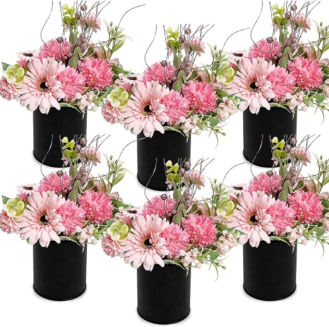 Artificial Flowers Table Centerpieces - Set of 6 Pre-Made Daisy Floral Arrangements with Rustic Metal Black Vase for Birthday, Baby Shower, Party, Home Decorations - Hot Pink & Rose Gold
