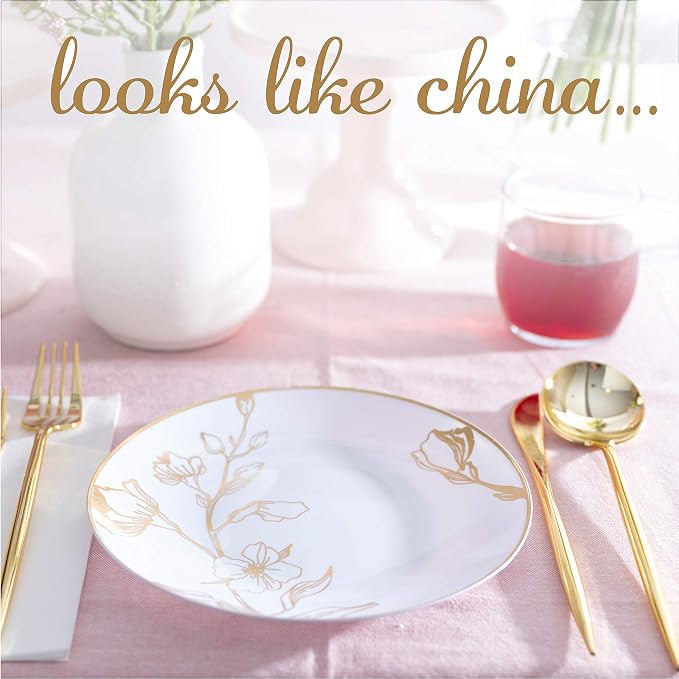 PLASTICPRO White Plastic Floral Design Party Plates With Gold Rim Premium heavyweight Elegant Disposable Tableware Dishes (120, 7'' INCH PLATES)