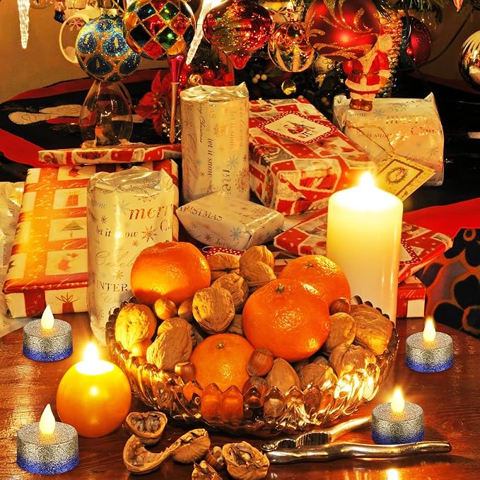 Retisee 48Pcs Flameless LED Tea Lights Glitter Electric Fake Candles for Centerpieces Battery Operated Anniversary Romantic Winter Decor for Wedding Christmas Birthday(Gold,Blue,1.65 Inch)