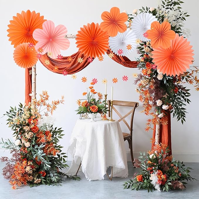 SUNBEAUTY Paper Flowers Decorations for Wall, Spring Pink and Orange Party Decorations, Orange Pink Groovy Paper Fans Classroom for Wall Hanging Decor for Office Baby Shower Bulletin Board, Set of 9