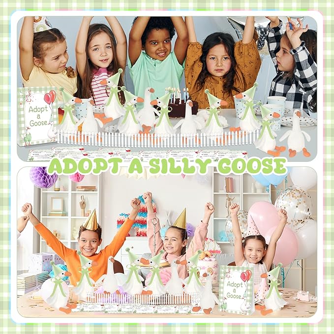 39 Pcs Adopt a Silly Goose Party Favor Include 12 Silly Goose Stuffed Animal 12 Mini Hat 12 Adoption Card 1 Adoption Sign 1 Ribbon 1 Fence for Baby Shower Party 1st Birthday Decoration