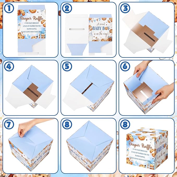 Teling 51 Pieces Diaper Raffle Tickets Box with Card Baby Shower Decorations Gender Reveal Holder Box for Girl Boy Diaper Raffle Party (A Little Cookie is on the Way)