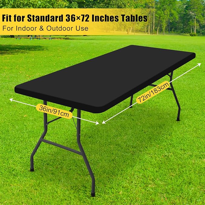 Smiry 3 Pack Rectangle Table Cloth, Elastic Fitted Flannel Backed Vinyl Tablecloths for 6ft Folding Tables, Waterproof Wipeable Table Covers for Indoor, Outdoor, Camping and Picnic (Black, 36"x72")