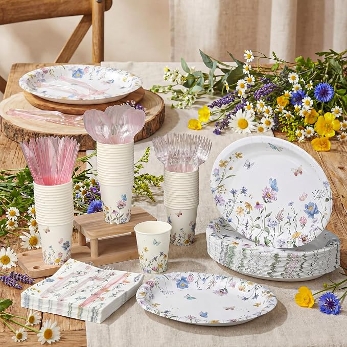Pajean 350 Pcs Wildflower Oval Paper Plates Set with 12 inch Disposable Spring Birthday Oval Plates and Napkins Flower Heavy Duty Dinnerware Set for 50 Guests Picnic Wedding Tea Party Supplies