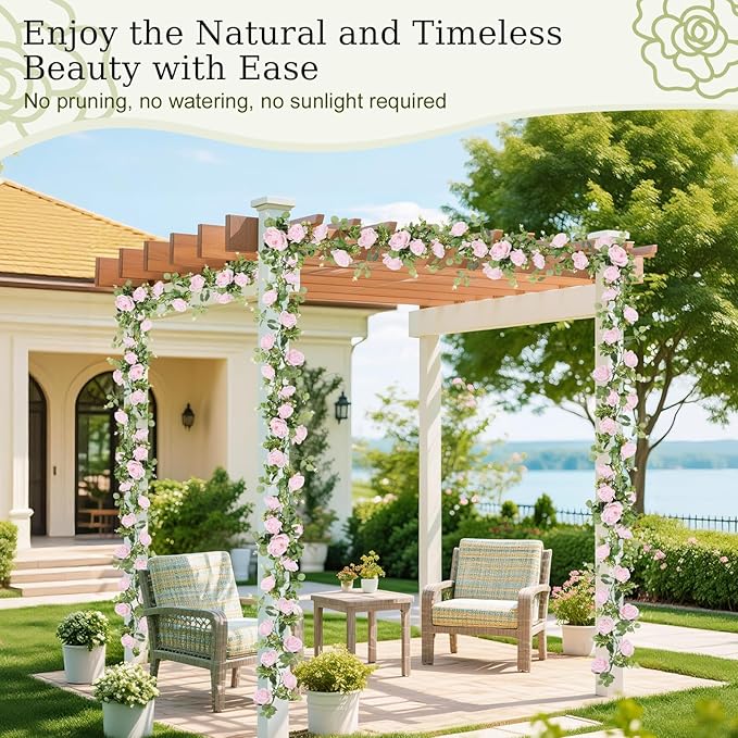 Lewondr Artificial Eucalyptus Garland with Flower - 8 Roses, 6FT Faux Floral Greenery Garlands Fake Flowers Vines, Maintenance-Free for Wedding Table Backdrop Party Centerpiece Room Decor, Pink