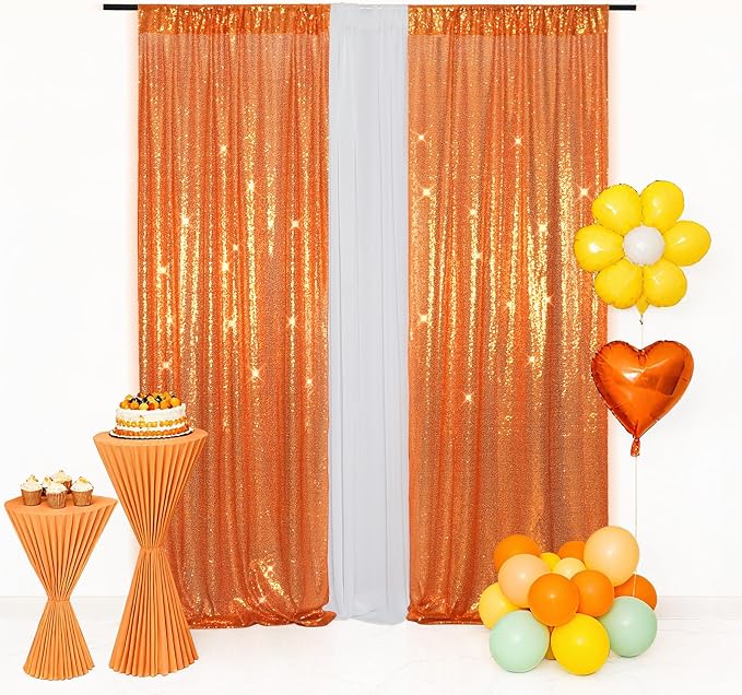 Eternal Beauty Sequin Backdrop Curtains, 2x8 Ft-2 Panels Orange Back Drop for Shimmer Photography Party Wedding Birthday Decor