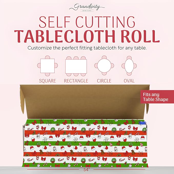 Grandipity Plastic Tablecloth Roll - 54in x 100 Ft. Christmas Plastic Table Cloths for Parties Disposable with Cutter Box - Cut to Size Disposable Tablecloth Table Cover for Rectangle & Round