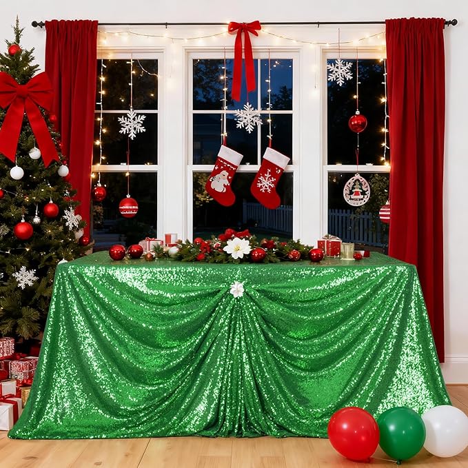 PartyDelight Green Sequin Tablecloth 60x102 Inch Rectangle Table Cloth Glitter for Party Baby Shower Christmas Decorations