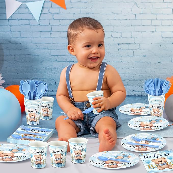Dandat 350 Pcs Baby Shower Plates Set Baby Shower Party Supplies Serves 50 Tableware Sets Include Plates Napkin Cup Forks Knives Spoons Disposable Dinnerware(Bear,Blue)